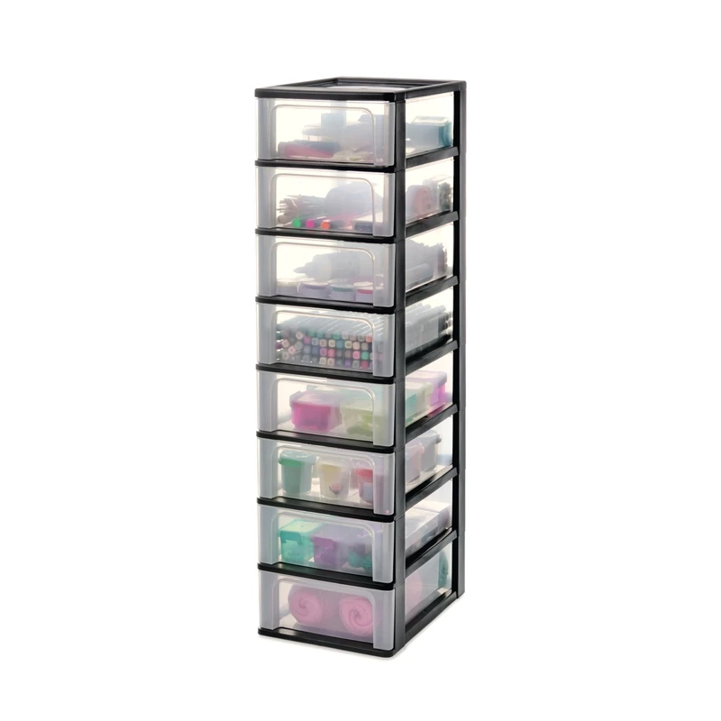 Iris Ohyama, Plastic Drawers Storage Unit, Plastic Storage Drawers, A4 Format, H96.5cm/8 Drawers, BPA Free, Black, W35.5 x D26 x H96.5cm, OCH-2008