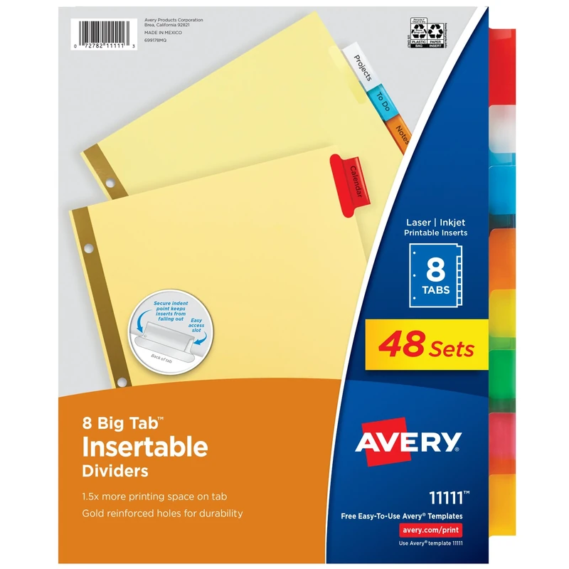 Avery 8-Tab Binder Dividers, Insertable Multicolor Big Tabs, 48 Sets (11111)
