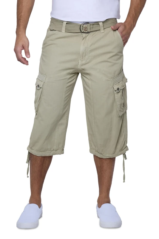 X RAY Men's Belted Tactical Cargo Long Shorts 18" Inseam Below Knee Length Multi Pocket 3/4 Capri Pants, Stone, 34