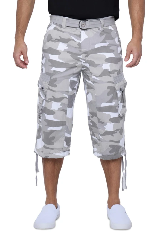 X RAY Men's Belted Tactical Cargo Long Shorts 18" Inseam Below Knee Length Multi Pocket 3/4 Capri Pants, White Camo, 36