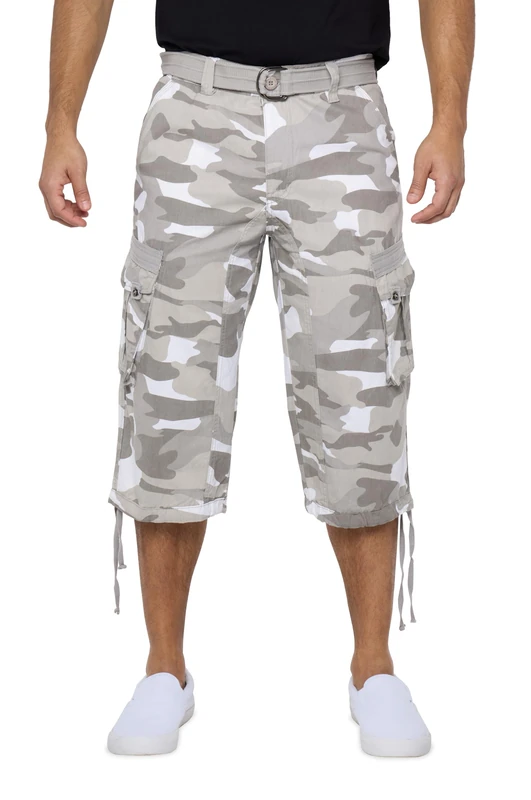 X RAY Men's Belted Cargo Long 18" Inseam Below Knee Length Multi Pocket 3/4 Capri Pants (Big and Tall Shorts, White Camo, 40