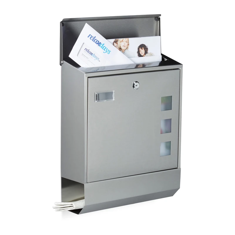Relaxdays Stainless Steel Letterbox with Newspaper Slot, Name Plate, Viewing Window, HxWxD: 42 x 35 x 12.5 cm, Design, Silver, 12.5 x 35 x 42 cm