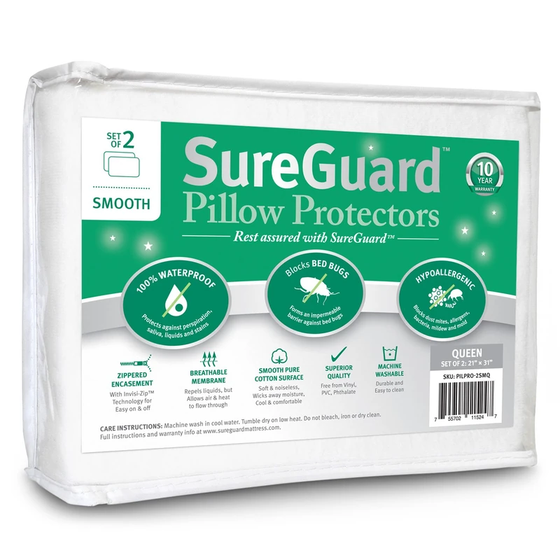 Set of 2 Queen Size SureGuard Pillow Protectors - 100% Waterproof, Bed Bug Proof, Hypoallergenic - Premium Zippered Cotton Covers - Smooth - Image 1