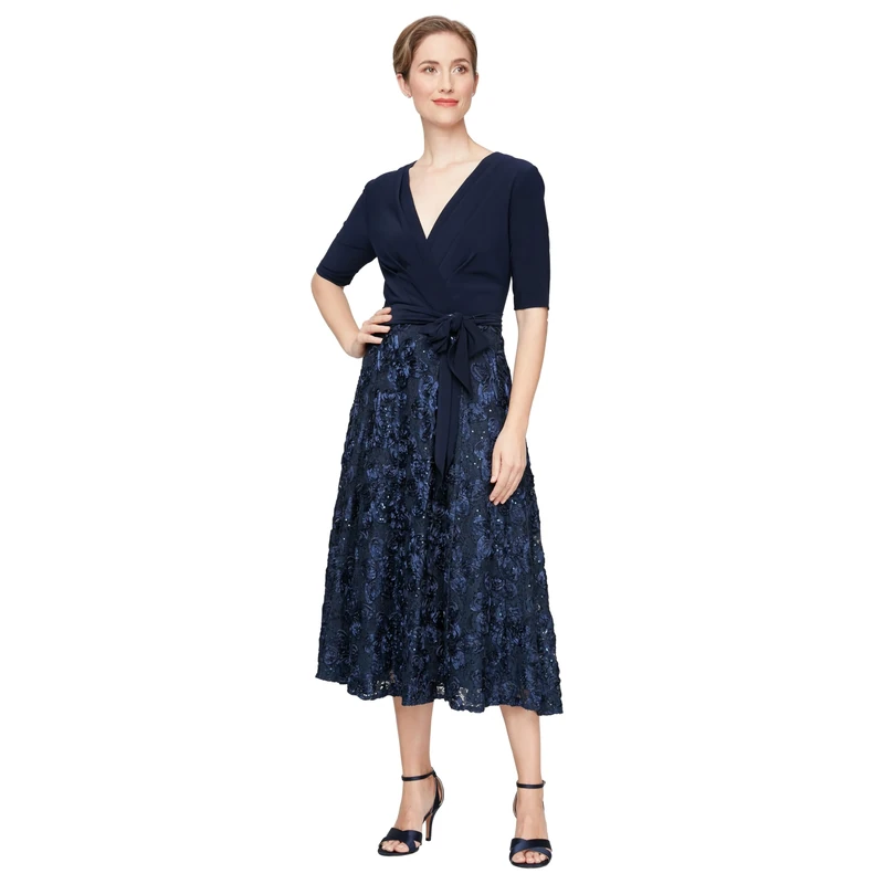Alex Evenings Women's Tea Length Jersey and Rosette Lace Dress (Petite and Regular) Special Occasion, Navy Tie Front, 14