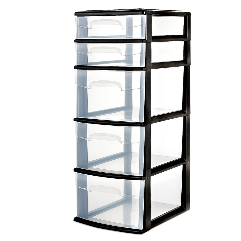 Homz Plastic 5 Clear Drawer Medium Home Organization Storage Container Tower with 3 Large Drawers and 2 Small Drawers, Black Frame