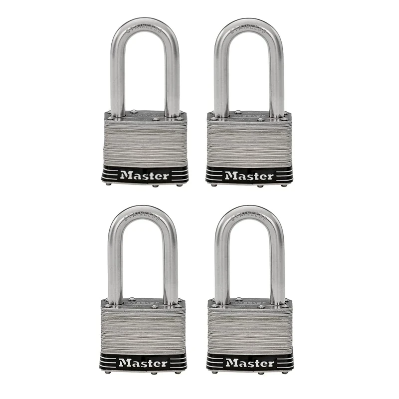 Master Lock 1SSQLFHC, 4-Pack Stainless Steel Laminated Padlock, Silver, 1-1/2 Inch Shackle