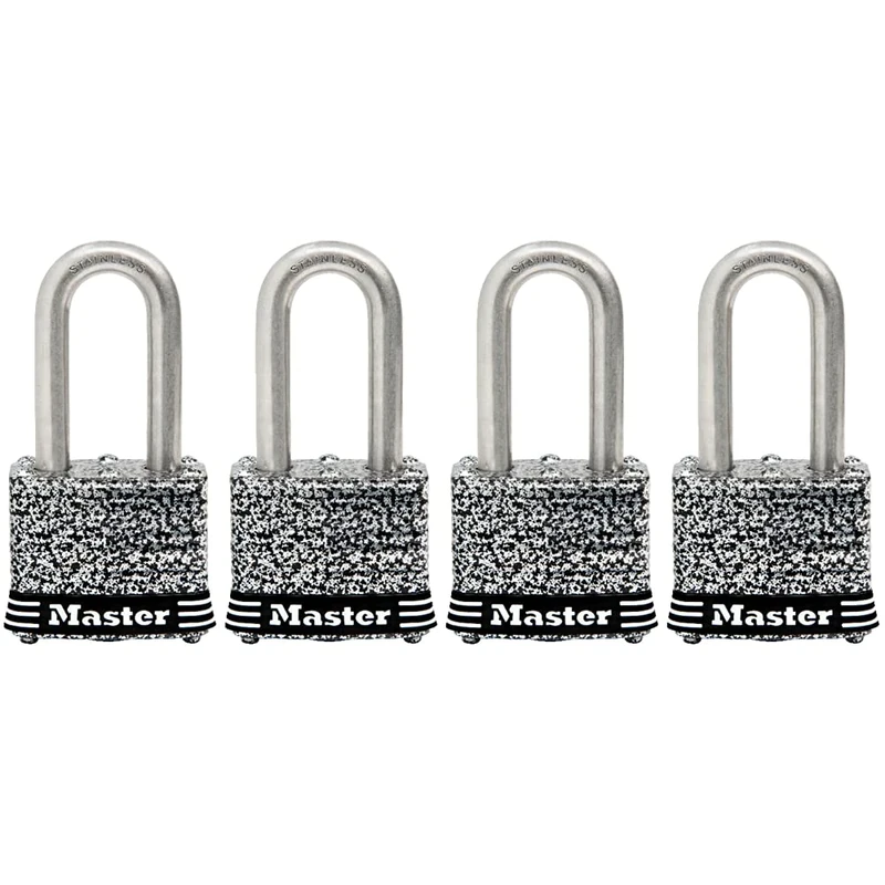 Master Lock 3SSQLFHC Stainless Steel Pin Tumbler Laminated Padlock, 1-9/16-Inch Wide Body, 9/32-Inch Shackle Diameter, 1-1/2-Inch Shackle Clearance, 4-Pack, 1-1/2 Inch Shackle