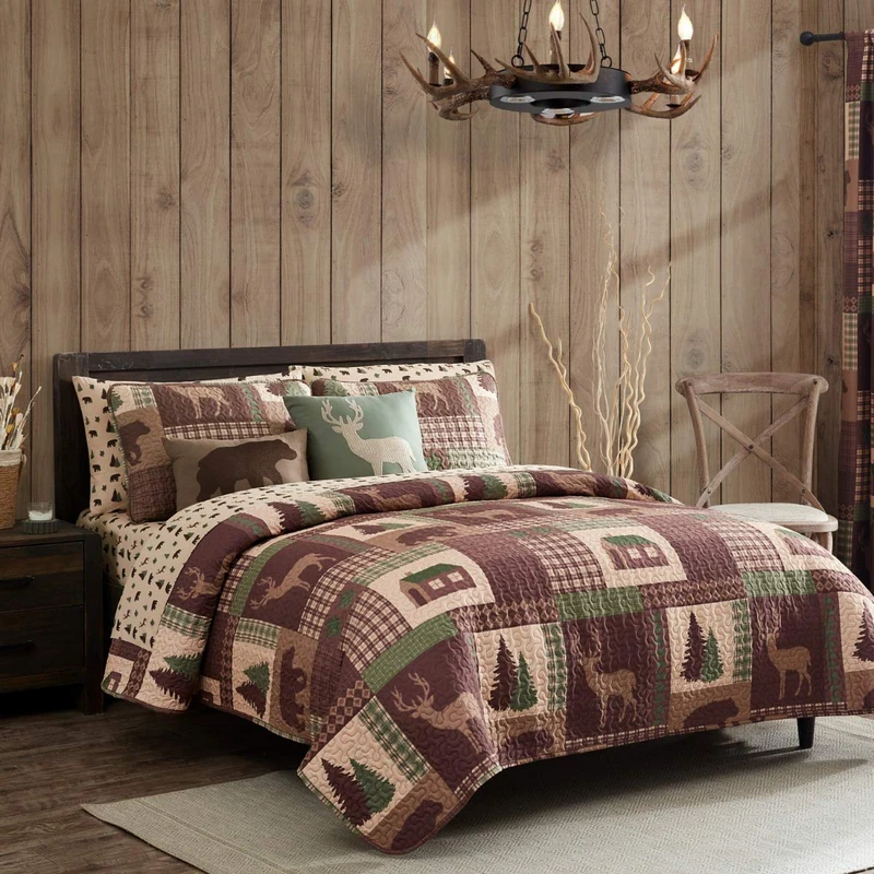 Muspyn How Plumb Aubrie Home Accents Cozy Cabin 3-Piece King Quilt Bedding Set with Pillow Sham Rustic Patchwork Plaid Deer Coverlet Bedspread, Brown Tan Green