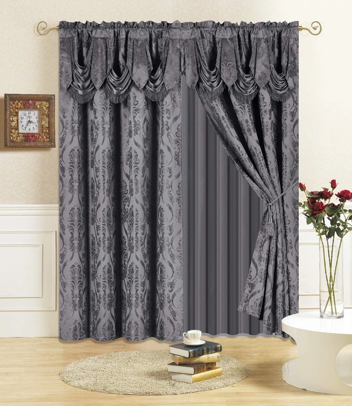 All American Collection New 4 Piece Drape Set with Attached Valance and Sheer with 2 Tie Backs Included (63" Length, Charcoal)