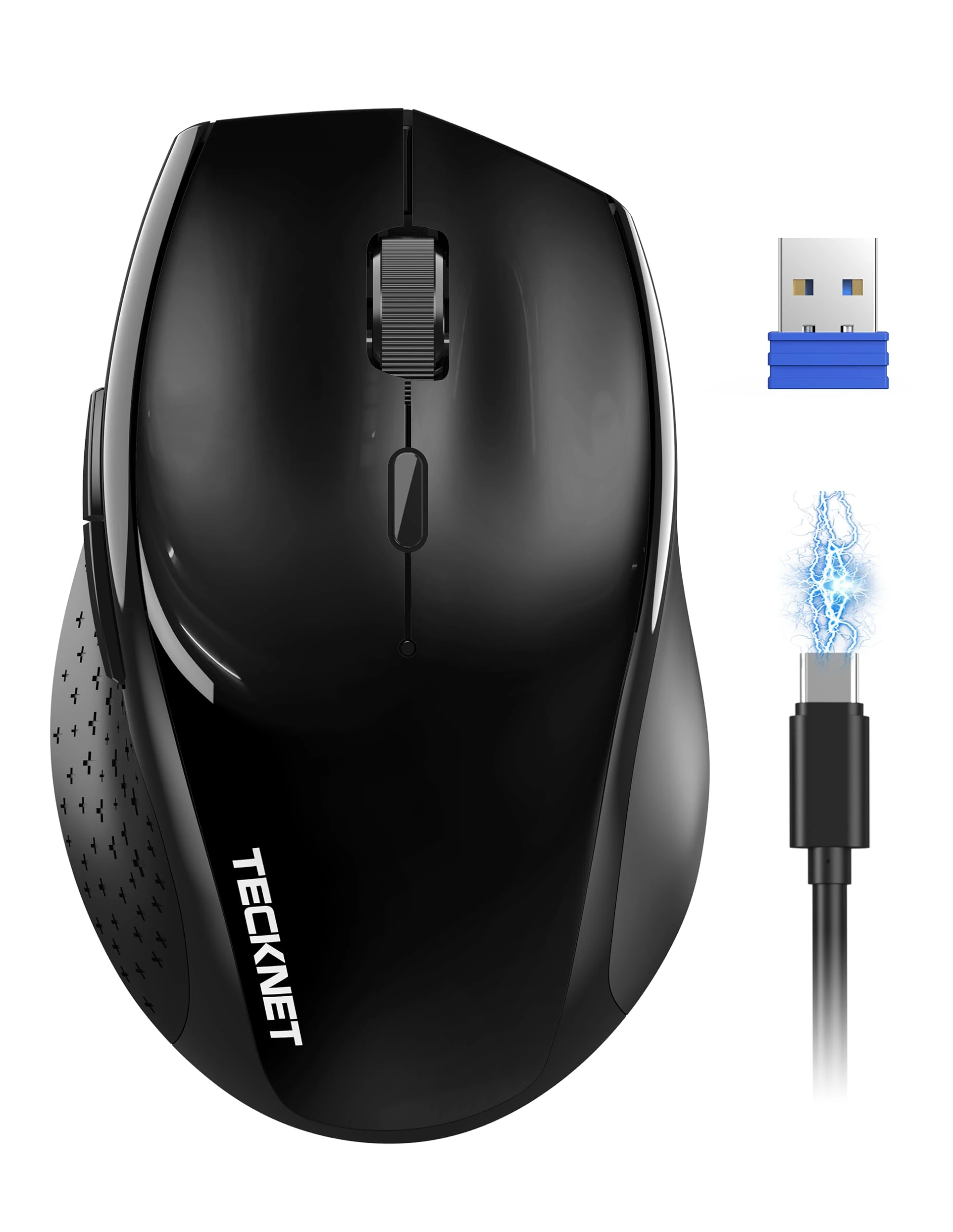 TECKNET PRO Rechargeable Wireless Mouse, 2.4GHz Computer Mouse with USB Nano Receiver, 6400 DPI Cordless Optical USB Mouse, 6 Adjustable Levels Silent Wireless mouse for Laptop/PC/Computer-Black