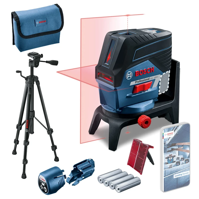 Bosch Professional Laser Level GCL 2-50 C (red laser, interior, w/app function, mount, visible working range: up to 20m, 4x AA battery, tripod BT 150, in cardboard box)