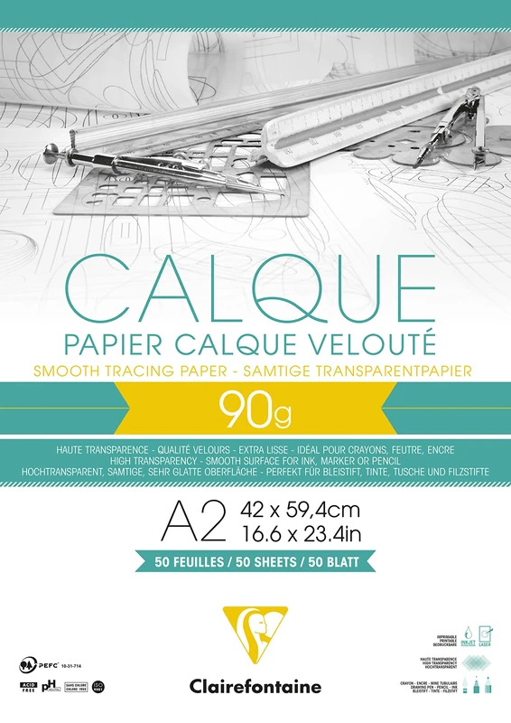 Clairefontaine - Ref 975094C - Tracing Paper Pad (50 Sheets) - A2 Sized, 90/95g, High Transparency, Smooth Surface, Acid Free, Printable - Suitable for Ink, Marker & Pencil