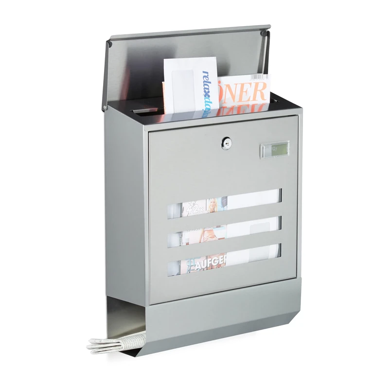 Relaxdays Stainless Steel Letterbox with Newspaper Slot, Name Plate, HxWxD: 42 x 35 x 12.5 cm, Mailbox, Design, Silver