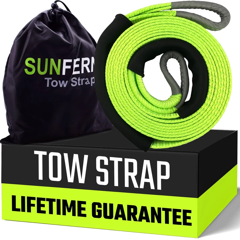 Sunferno Recovery Tow Strap 35000lb - Recover Your Vehicle Stuck in Mud/Snow - Heavy Duty 3" x 20' Winch Snatch Strap - Protective Loops, Water-Resistant - Off Road Truck Accessory - Bonus Storage Bag