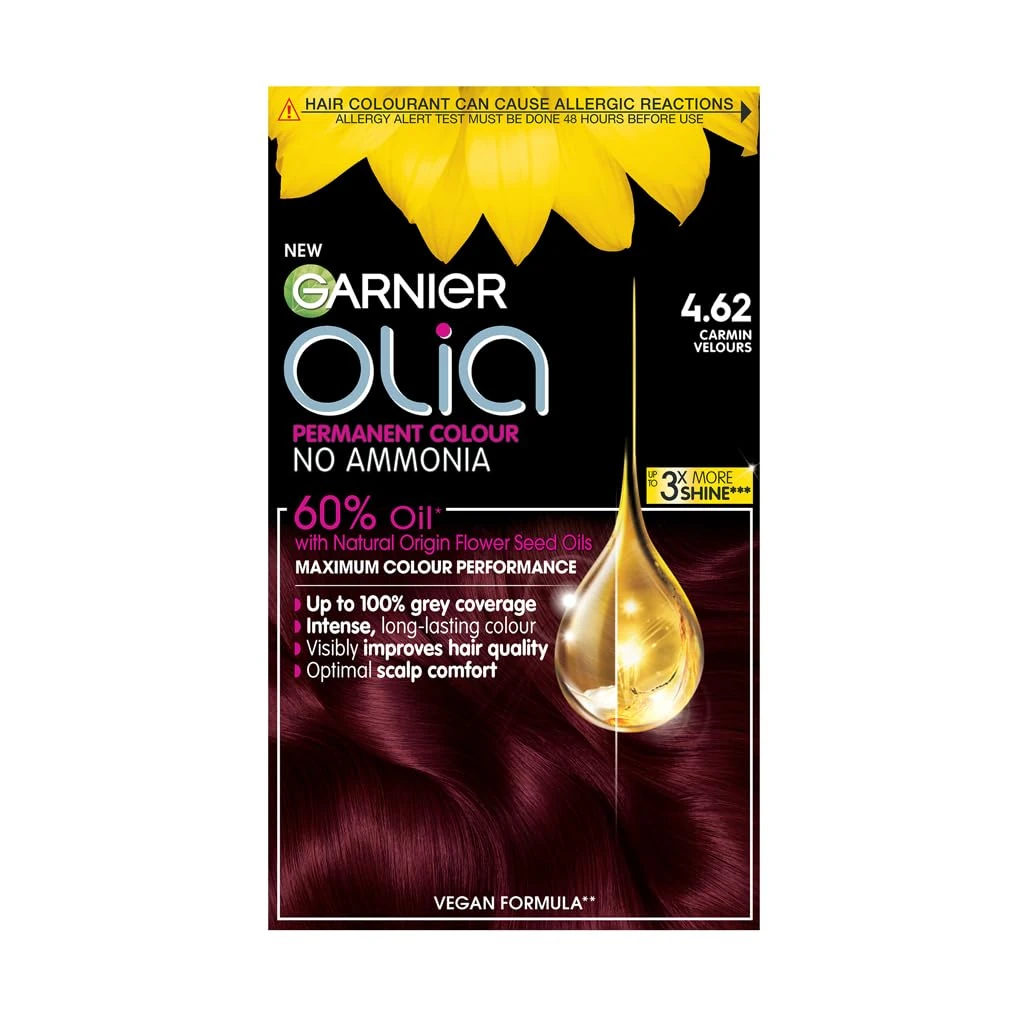 Garnier Olia 4.62 Dark Garnet Red, oil-powered, no-ammonia. 100% grey coverage. Luminous, long-lasting, vibrant dark garnet red hair color with ultimate shine and softness.