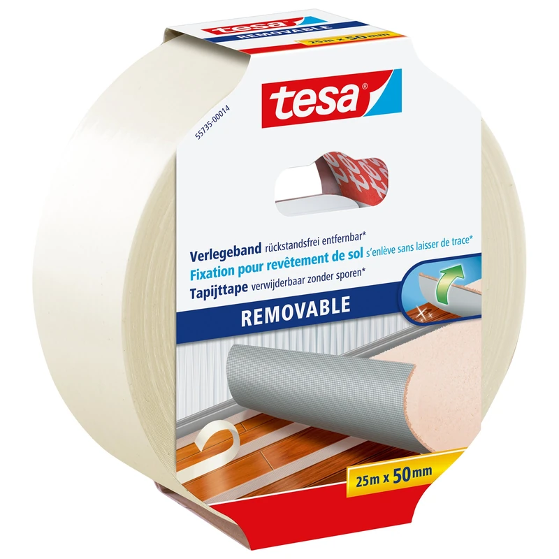 tesa Flooring Tape Removable Without Residue - Fabric-Reinforced, Double Sided Adhesive Tape for Laying Carpet and PVC Flooring - 25 m x 50 mm - Image 1