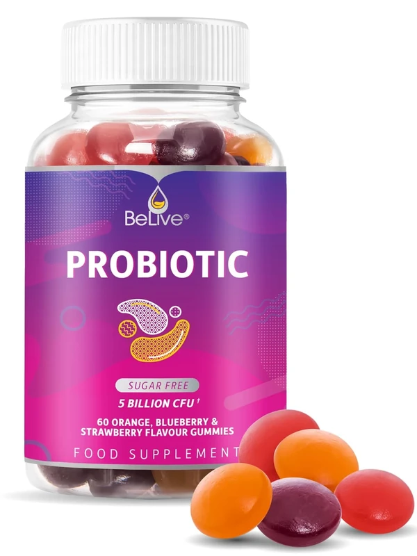 BeLive Probiotic Gummies - Probiotics with 5 Billion CFUs for Digestive Health, Men, Women & Kids - for Immune Support, Sugar Free & Vegan | 60 Ct – Blueberry, Strawberry & Orange (60 Count)
