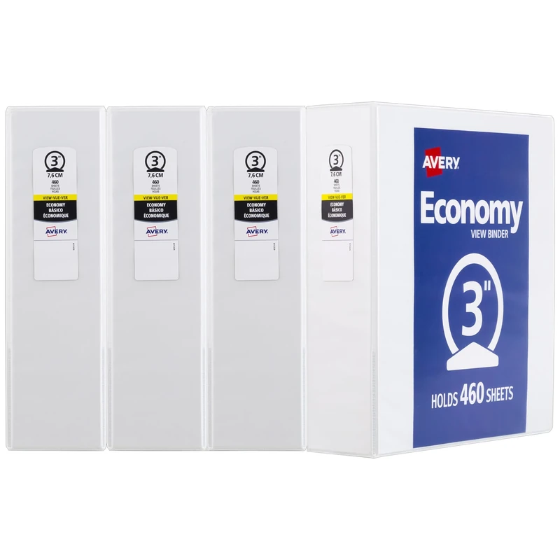 Avery Economy View 3 Ring Binders, 3" Round Rings, 4 White Binders (03360)