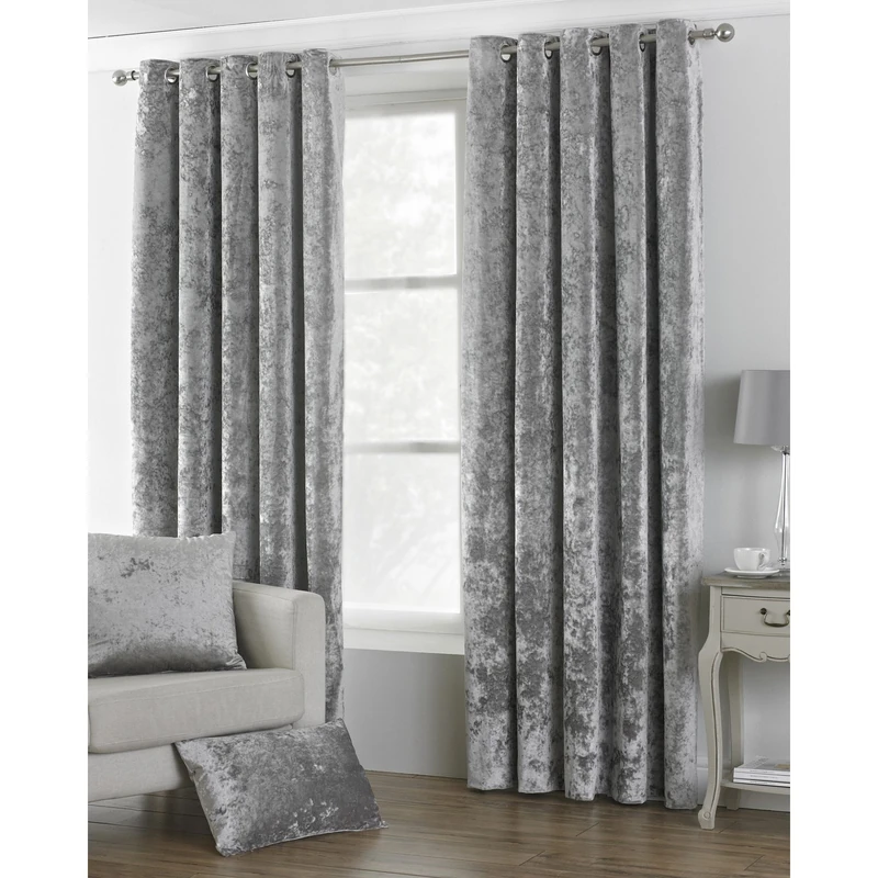Paoletti Verona CRUSHED VELVET Eyelet Curtains, 90" x 90" (229 x 229 cm), Silver