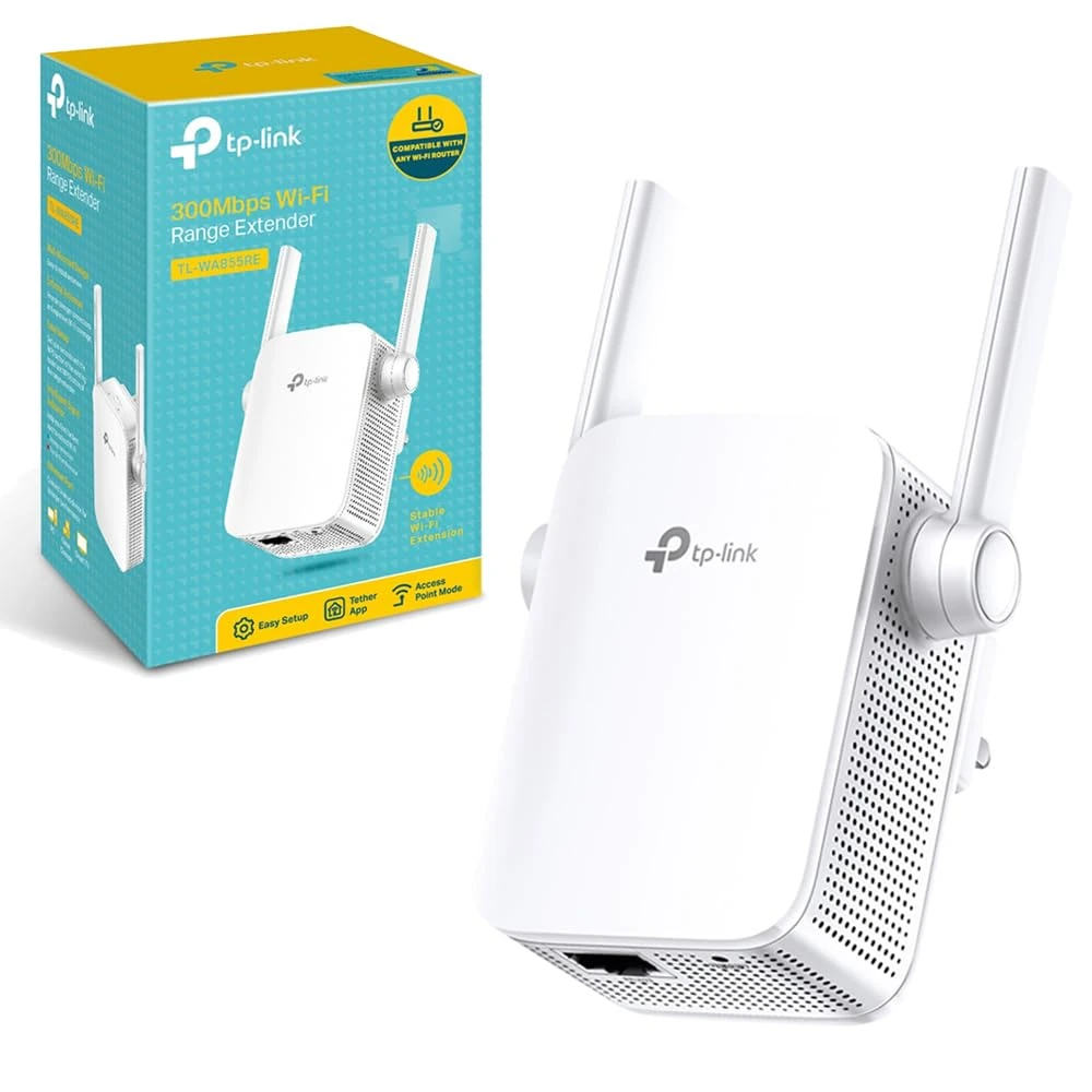 TP-Link TL-WA855RE N300Mbps Universal WiFi Extender, 1x Ethernet Port, 2x External Antennas with MIMO Technology, Ultraxtend WiFi Booster Hotspot, Access Point Mode, Compact Design, Plug & Play