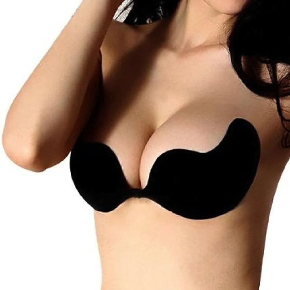 FLORATA Ladies Sexy Reusable Invisible Strapless Self Adhesive Push-up Bra Stick On Gel Backless Silicone Bras for Women, D, Mango Black