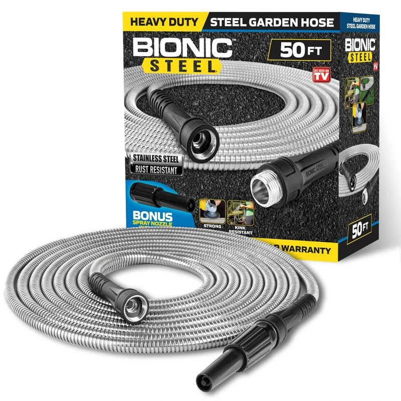BIONIC STEEL 50 FT Garden Hose Pipe with Nozzle 304 Stainless Steel Metal Hosepipe, Crush Resistant Flexible Hose Pipe, Kink Free Ultra Lightweight Garden Hose Easy to Coil, Garden Hoses