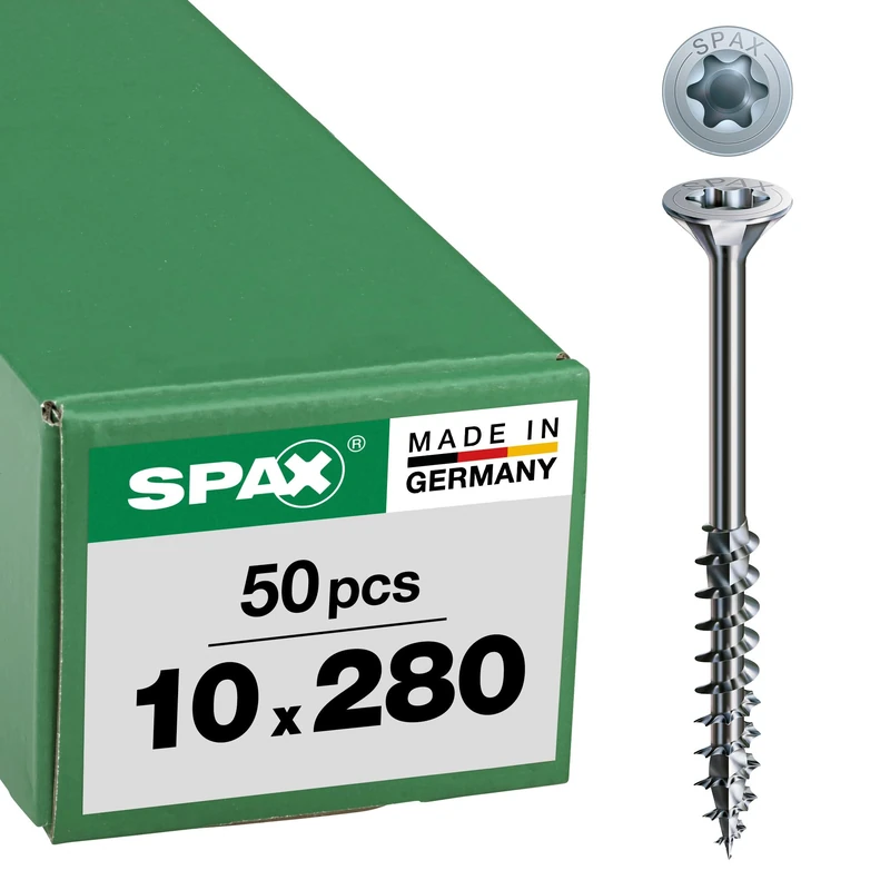 SPAX Wood Screws 10.0 x 280 mm, Pack of 50, T-Star Plus, Countersunk Head, Partial Thread, 4CUT, Wirox A3J, 0191021002805, 10 Pieces, 191011002805