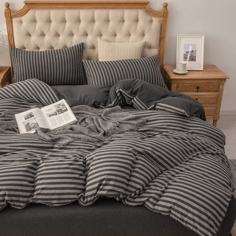 PURE ERA Jersey Knit Duvet Cover Set Bedding 100% T-Shirt Heather Cotton Super Soft Comfy Classic Striped Design, with Zipper Closure, Charcoal Dark Grey Stripe, King