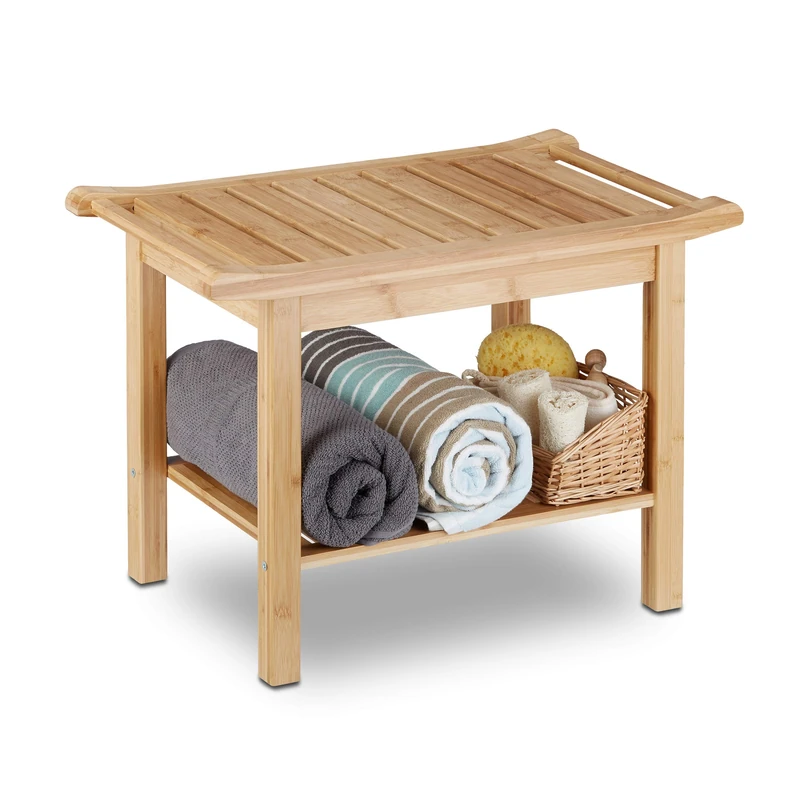 Relaxdays Bamboo Bathroom Bench, Hallway Seat, Wooden Storage Bench, HxWxD: 45 x 66 x 40 cm, Bathroom Furniture, Natural Brown
