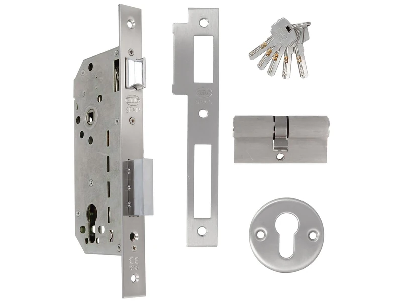 Amig - Mortise Lock with Security Cylinder and Key + 5 Keys - for Wooden Entry Doors - Chrome Steel - Reversible Handle - for 8mm Manillass - Image 1