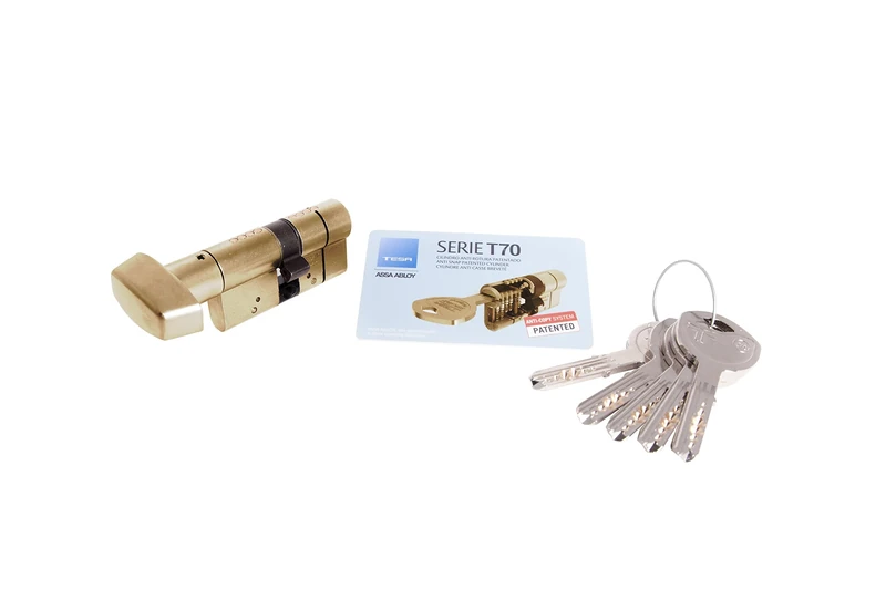 Tesa Assa Abloy, T75B3535L Security Cylinder T70 Long Cam Key Button 35x35mm Brass Finish 35x35mm