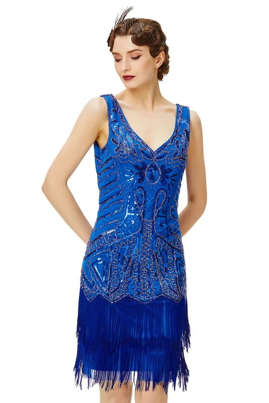 BABEYOND Women's Retro Flapper Dress with Two Layers Tassel V Neckline in 1920s Style; Costume Dress for Great Gatsby Themed Party - Blue -