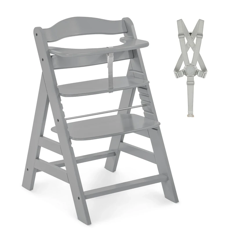 hauck Alpha+, Grey - Wooden High Chair 6 Months to Adult Sustainable FSC® Certified Beechwood Toddler Feeding and Entertainment Chair, Inclusive 5-Point Harness Bumper Bar Crotch Strap