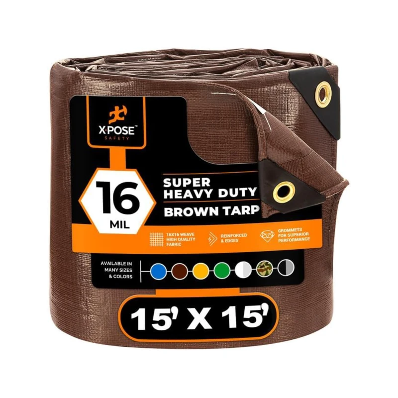 15' x 15' Super Heavy Duty 16 Mil Brown Poly Tarp Cover - Thick Waterproof, UV Resistant, Rip and Tear Proof Tarpaulin with Grommets and Reinforced Edges - by Xpose Safety