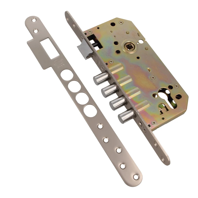 Amig - Embossing Lock with Bolts for Wooden Doors Mod. 101 | 50/85 mm | with Cylinder and Safety Shield | Reversible Lever | Matte Chrome Steel