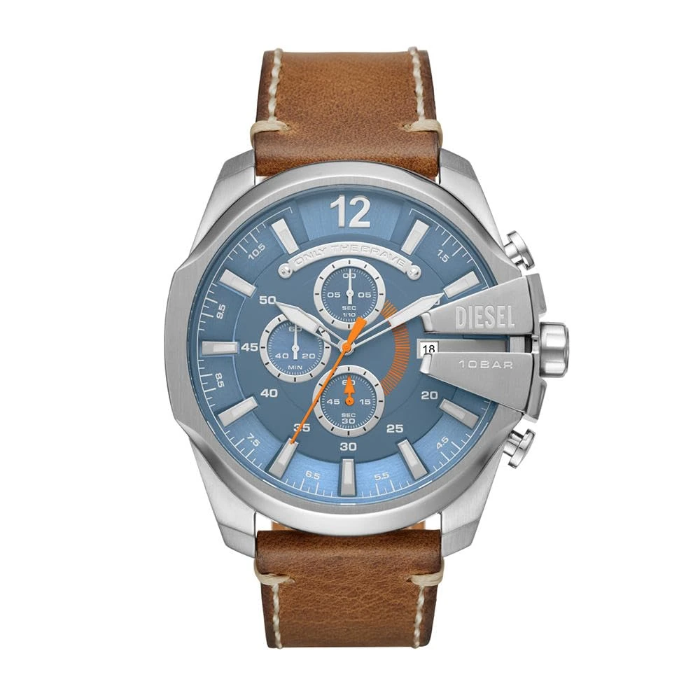 Diesel Watch for Men Mega Chief, Quartz Chronograph Movement, 51 mm Silver Stainless Steel Case with a Leather Strap, DZ4458