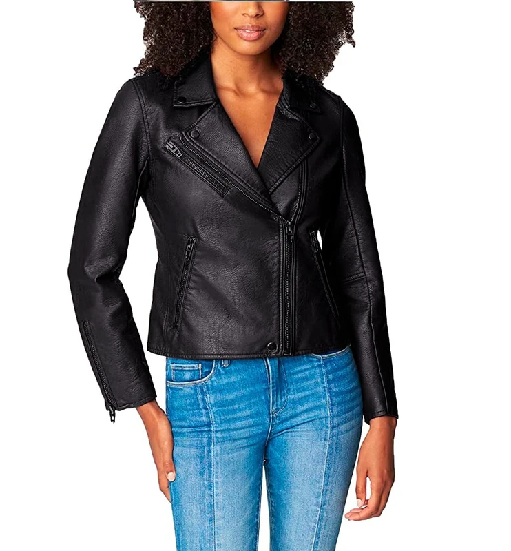 [BLANKNYC] Women's Luxury Clothing Semi Fitted Vegan Leather Motorcycle Jacket, Onyx, M UK