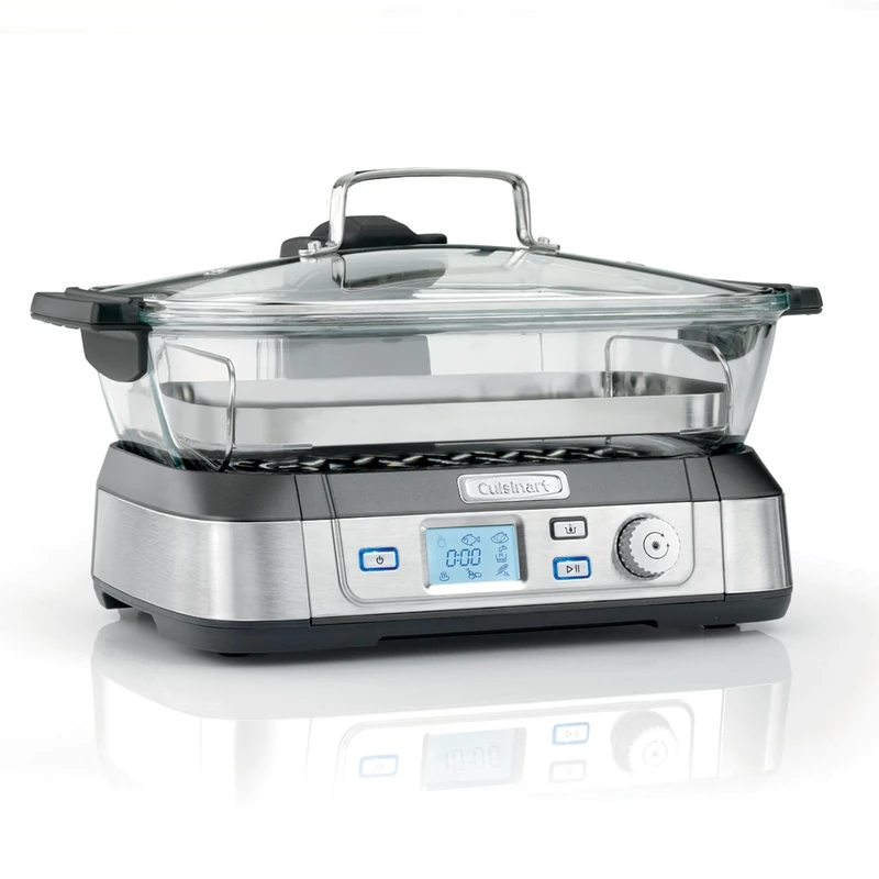 Cuisinart Cookfresh Professional Glass Food Steamer 1L water, BPA free, Stainless steel steaming tray, 2 versatile containers 30 sec heat up Digital display Reheat, Keep warm, Pause functions