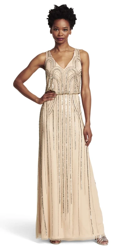 Adrianna Papell Women's Beaded Art Nouveau Dress - Taupe/Pink 8