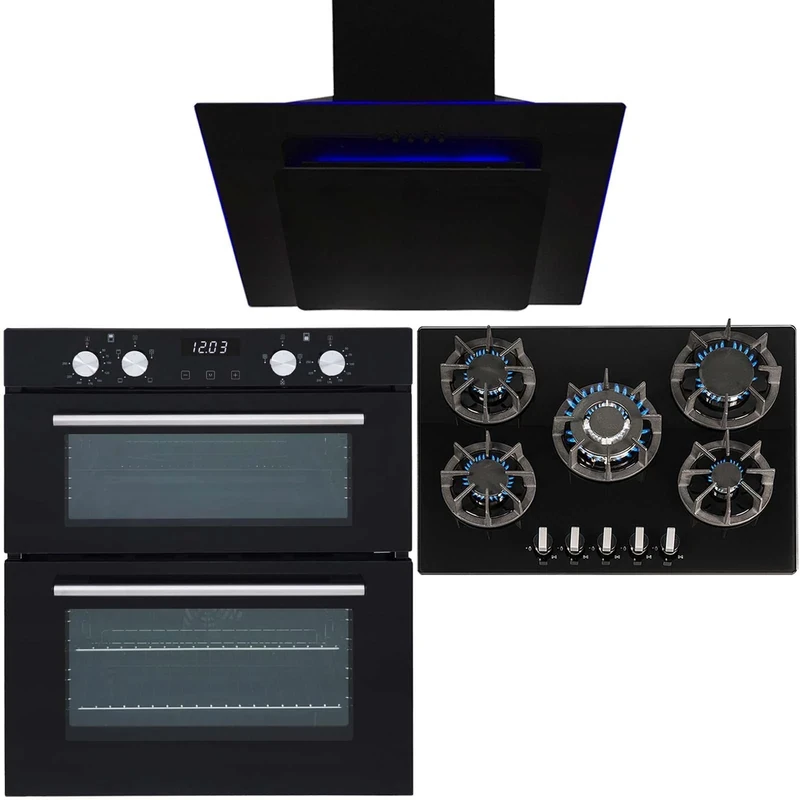 SIA 60cm Black Built Under Double Electric Oven, 70cm Gas Hob & Cooker Hood Fan