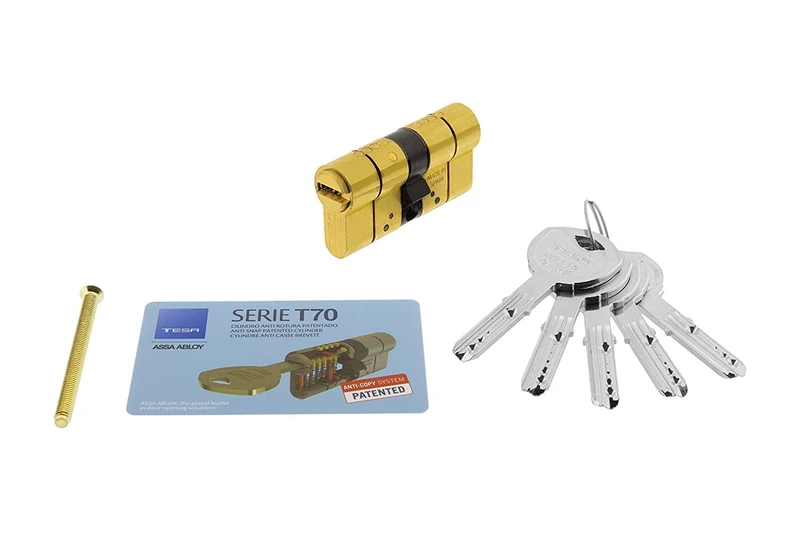 Tesa Assa Abloy T75D3030L T70 TESA Euro Profile Cylinder 30 x 30, Camshaft R15, Double Safety Coupling, Brass Finish. 5 Keys T.2030/30X30 LT DS 5L.E24, 30 x 30 mm