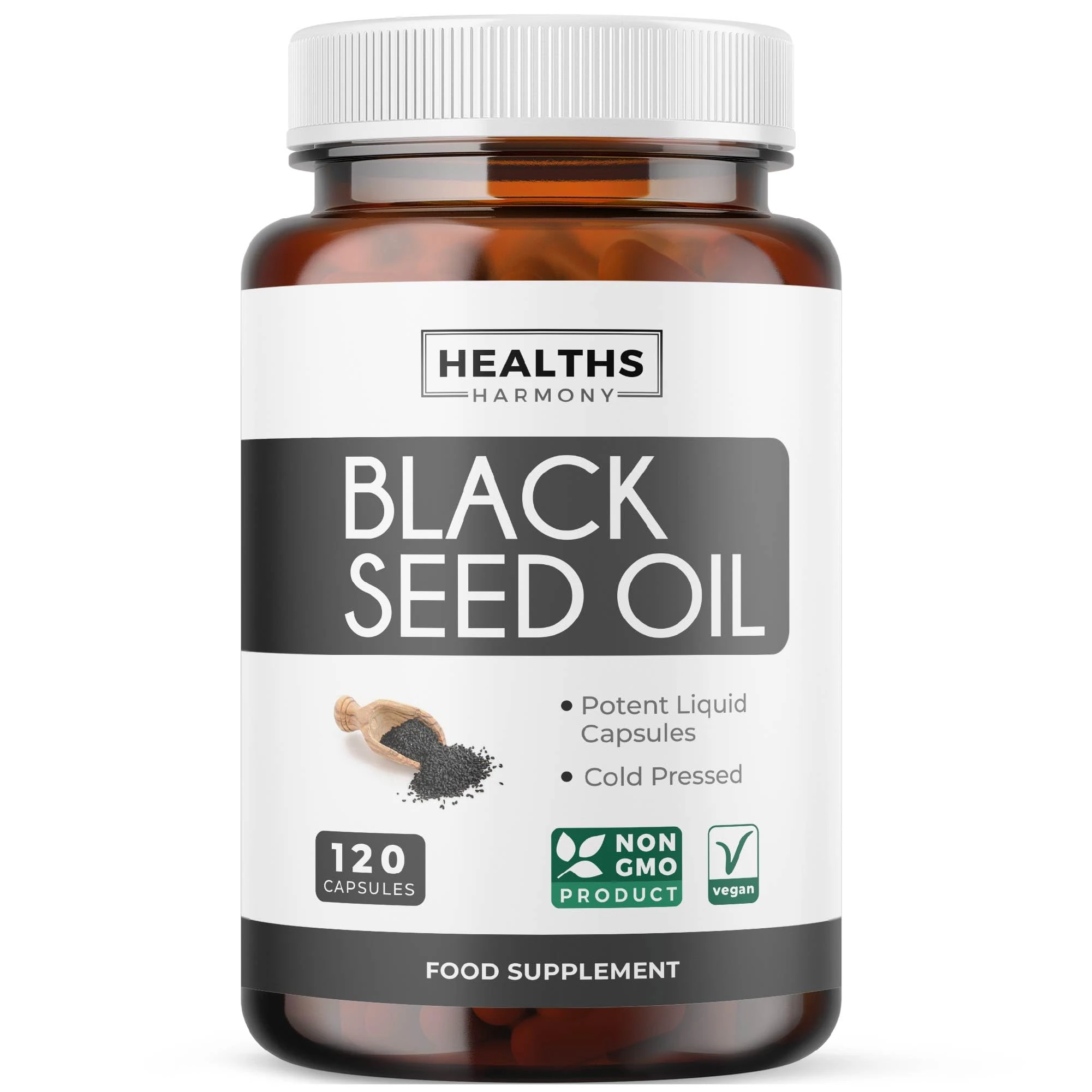 Black Seed Oil - 120 Softgel Capsules Skin Health (Non-GMO & Vegan) Cold-Pressed Nigella Sativa Producing Pure Black Cumin Seed Oil with Vitamin E - 500mg Each, 1000mg Per 2 Capsule Serving