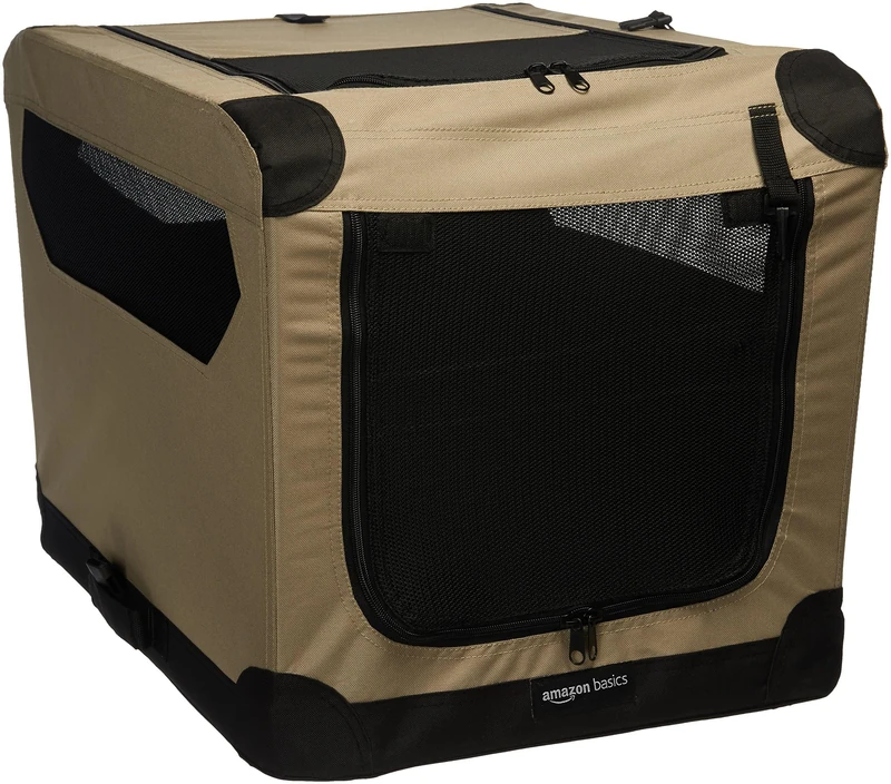 Amazon Basics 2-Doors Portable Soft-Sided Folding Travel Crate Kennel for cat, dog, and other small animals, Tan, S 66 cm x 46 cm x 46 cm