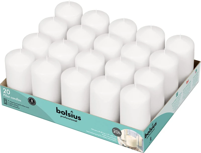 Bolsius Basic Candles for Decoration, Wax, White, Single Cero Size: h 10 cm Ø4.8 cm, 20 units