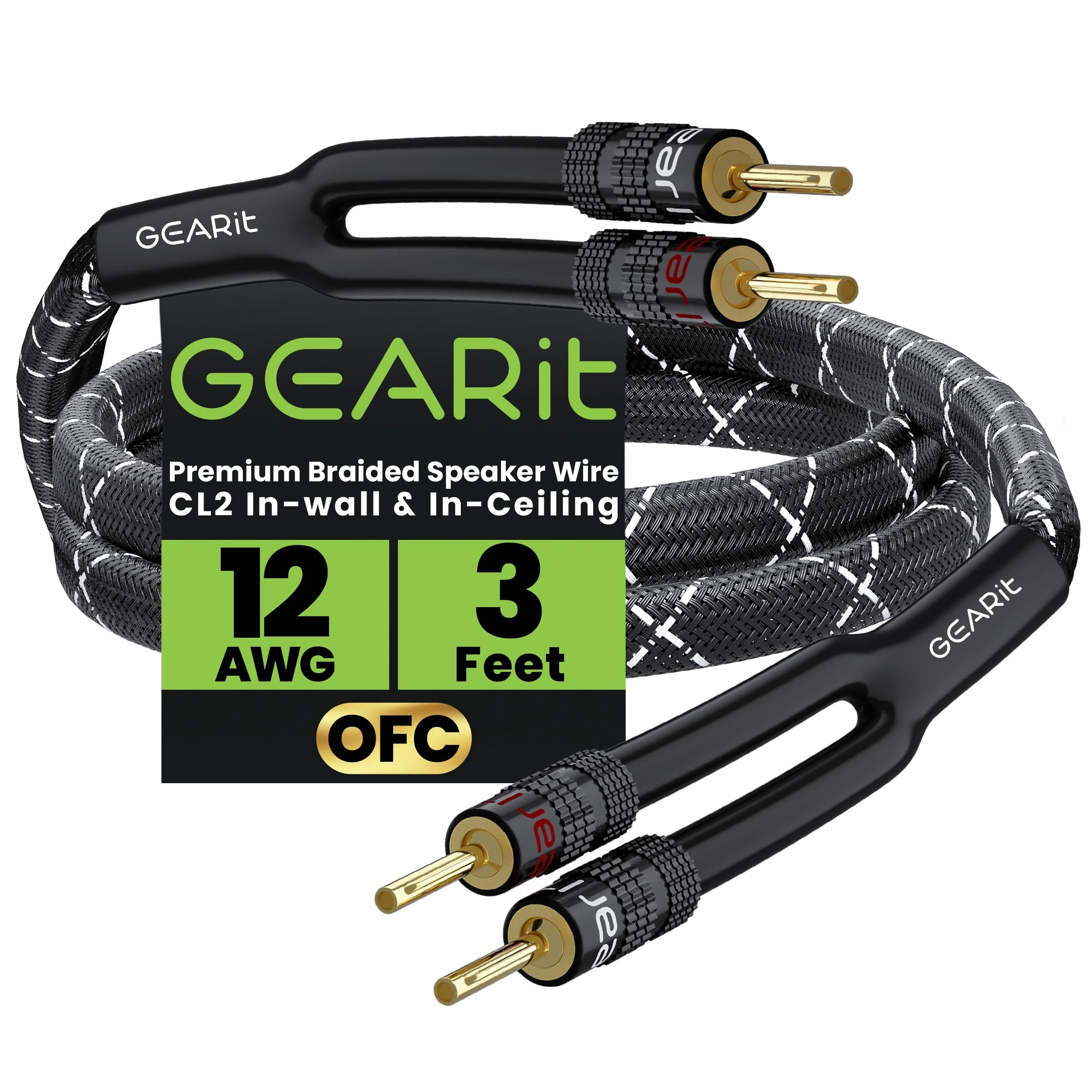 GearIT 12AWG Premium Heavy Duty Braided Speaker Wire (3 Feet) with Dual Gold Plated Banana Plug Tips - Oxygen-Free Copper (OFC) Construction, Black