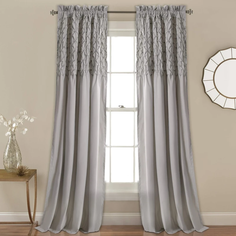 Lush Decor Bayview Curtains - Pintuck Textured Semi Sheer Window Panel Drapes Set for Living, Dining, Bedroom (Pair), 84" x 52", Gray