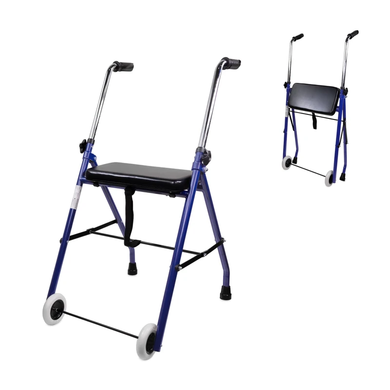 Mobiclinic®, Emérita Model, Walker with 2 Wheels, Folding Walking Frame for Adults and Seniors, Steel, Height-Adjustable, Padded Seat, Blue