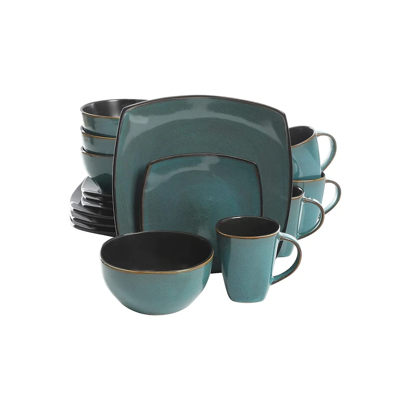 Gibson Soho Lounge Square Reactive Glaze Stoneware Dinnerware Set, Service for 4 (16pc), Teal
