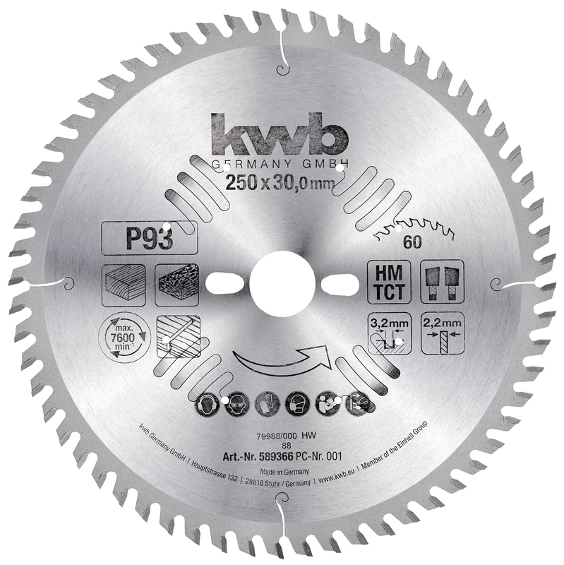 kwb 250 x 30 mm Circular Saw Blade for Precision Cuts, Ideal for Worktops, Wood, and Coated Panels