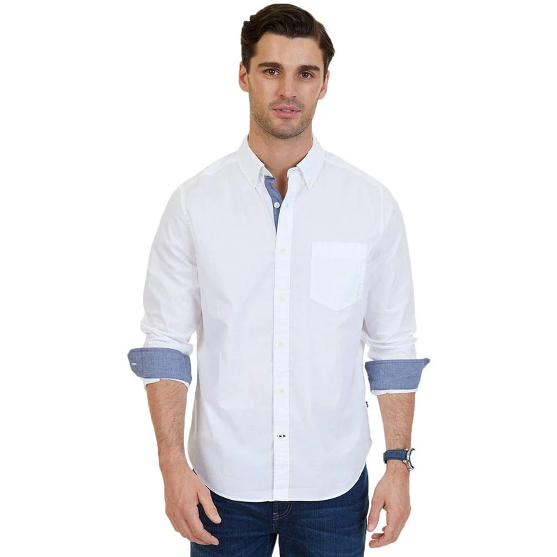 Nautica Men's Classic Fit Stretch Solid Long Sleeve Button Down Shirt, Marshmallow, Large